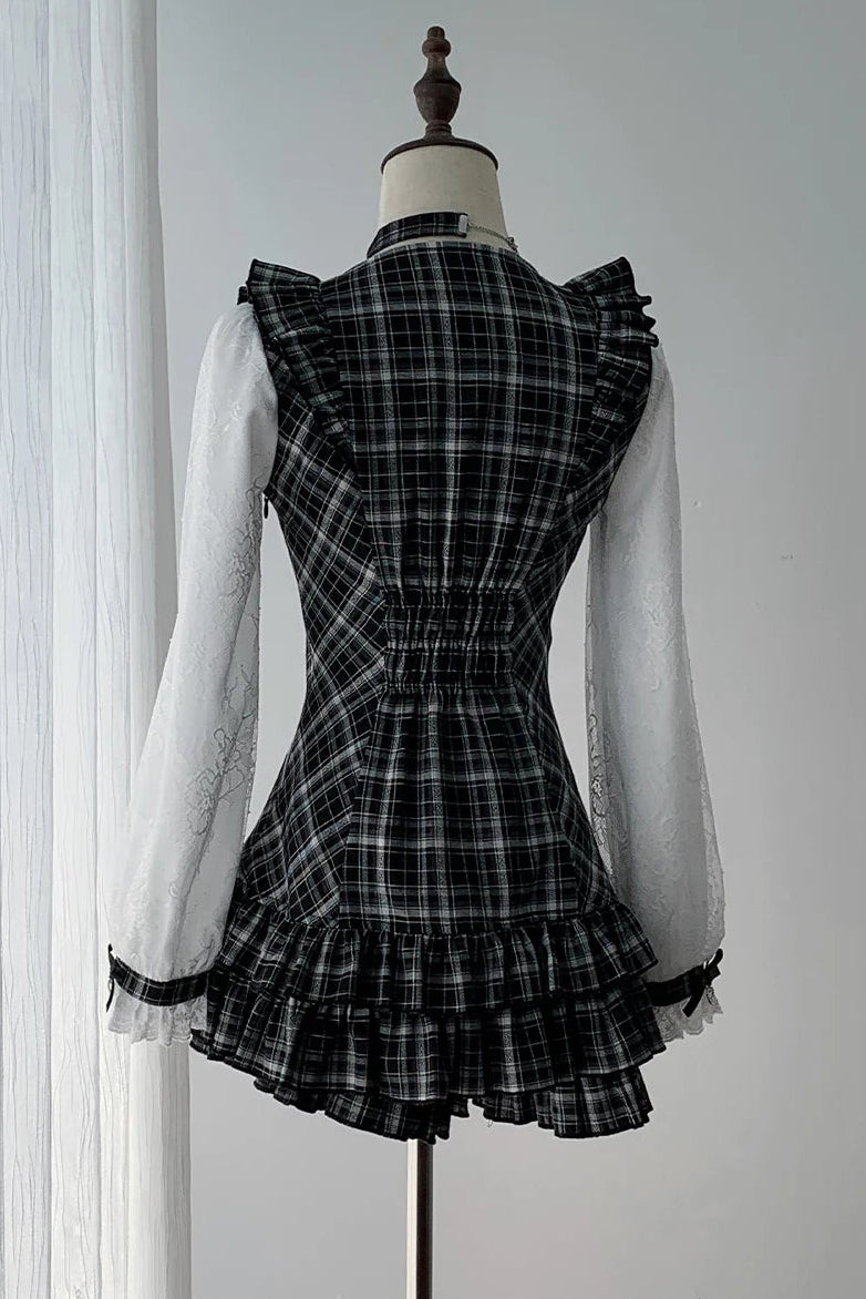 [Pre-order Deadline: September 15] Black Check Frill Ribbon Long-Sleeve Mini Dress Set-Up + Choker