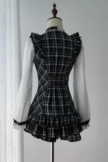 [Pre-order Deadline: September 15] Black Check Frill Ribbon Long-Sleeve Mini Dress Set-Up + Choker
