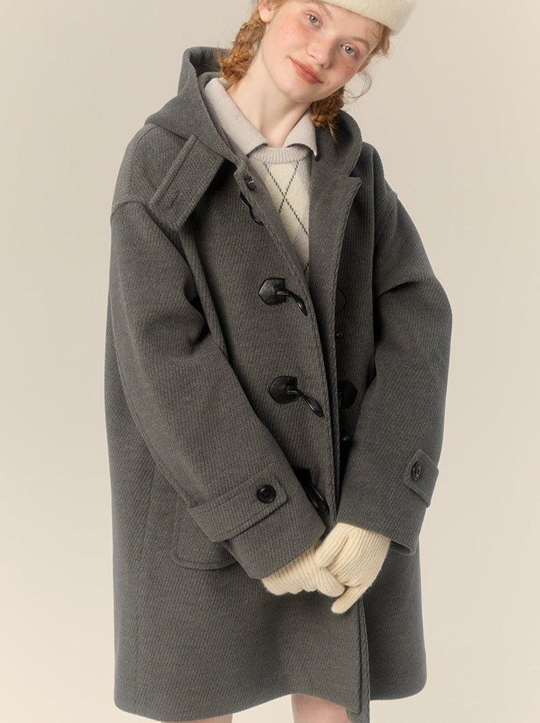 Hooded Gray Horn Button Wool Coat