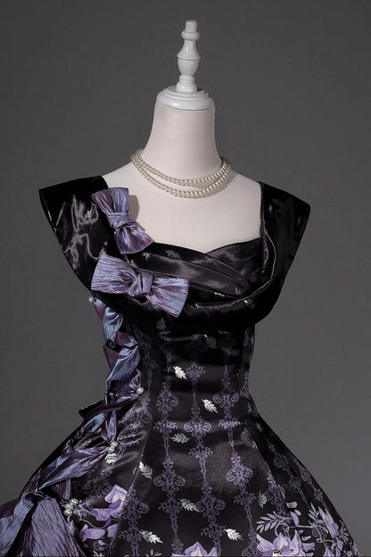 【10月4日予約締切】Black Purple/White Purple Floral Elegant Lolita Satin Side Ribbon Dress