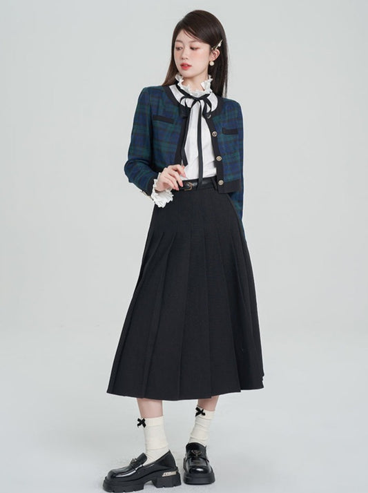 프렌치 레트로 체크 카디건 재킷 + 플리츠 스커트