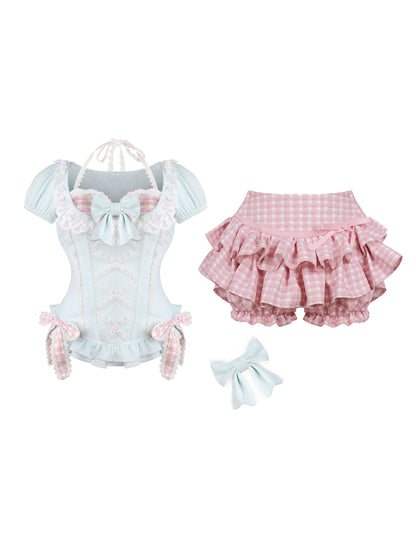 ミントコーンブルーリーリボン+ピンクチェックケーキスカート