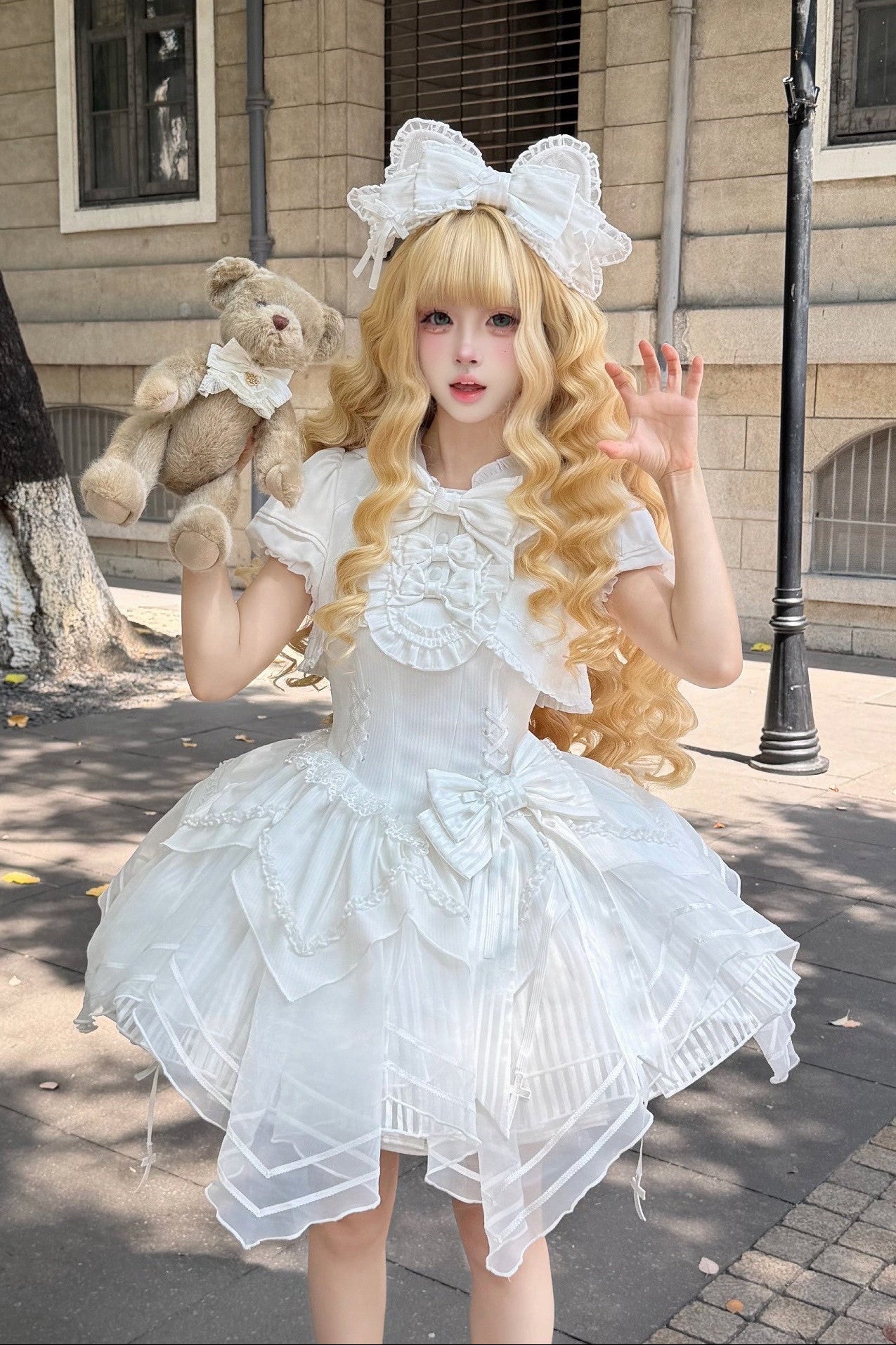 【4月18日予約締切】猫耳フーディーレースリボンホワイトフェイクツーピースロマンティックゴシックロリータドレス