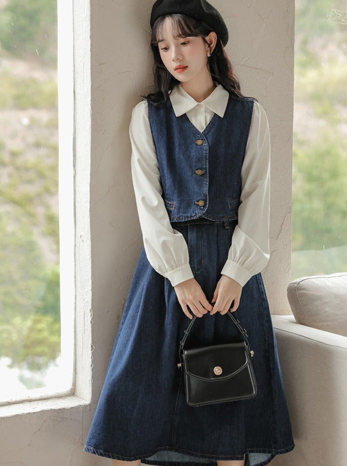 Retro denim vest + skirt + shirt