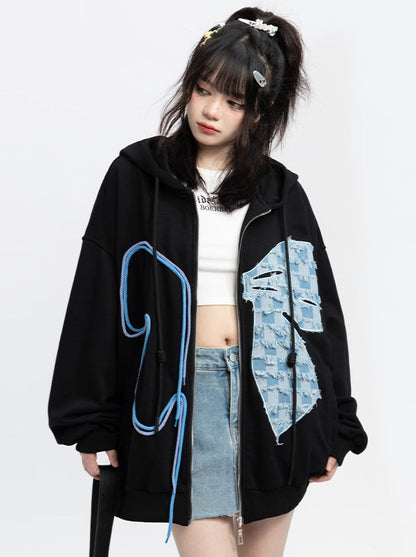 Denim Butterfly Over Hooded Hoodie