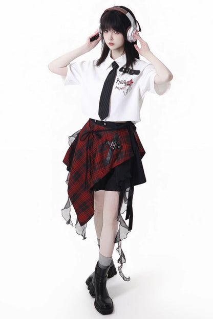 コントラストシャツ＋チェックスカート＋ブラックスカート＋ワイドパンツ＋ネクタイ