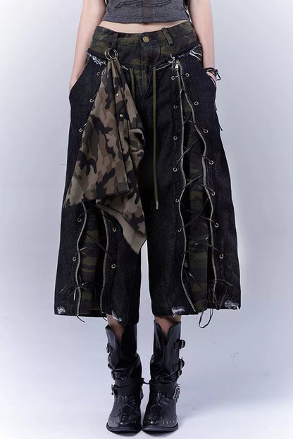 カモフラージュディストレストクロップドパンツ+スカーフ