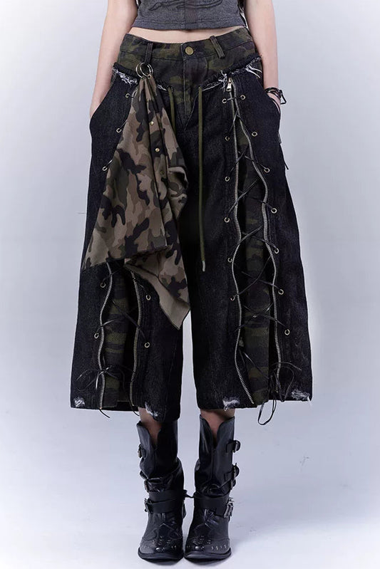 カモフラージュディストレストクロップドパンツ+スカーフ