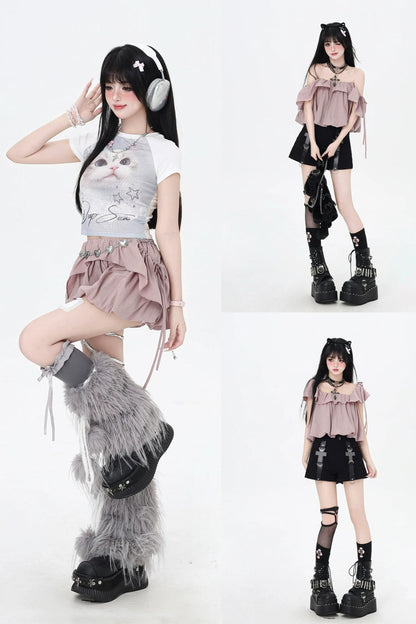 3-Style One-Shoulder Drawstring Top & Skirt