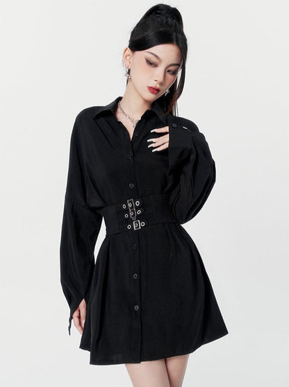 Dark satin waistband shirt dress 