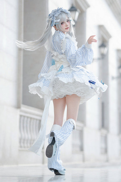 【11月5日予約締切】Blue White Striped Medical Lolita Nurse Sickly Kawaii Dress Suit Full Set (Shirt + Skirt + Apron + Back Ribbon + Leg Covers)