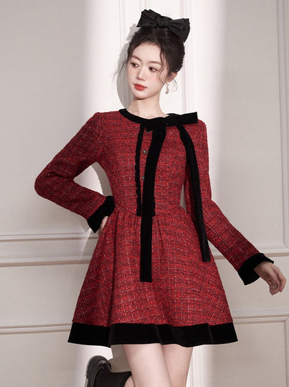 Tweed Red French Waistband Dress