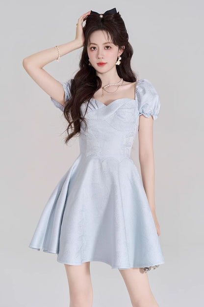 Blue Sweet French Puff Sleeve Dress