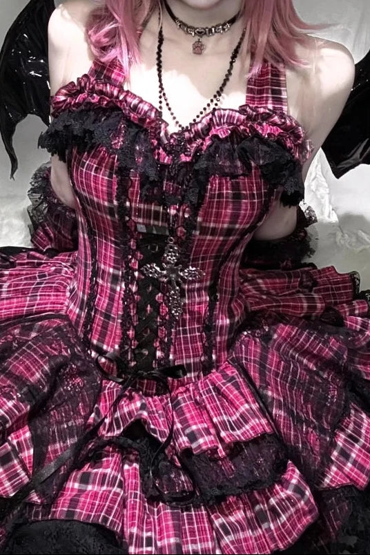 【11月2日予約締切】Pink Plaid × Black Gothic Punk Halter Neck Lace Corset Dress