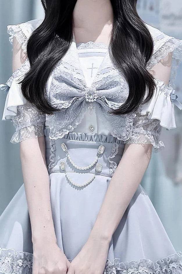 [Pre-order Deadline: August 30] Blue and White Lace Sailor Gothic Open-Shoulder Short-Sleeve Ribbon Shirt + Pearl Chain Frill Skirt