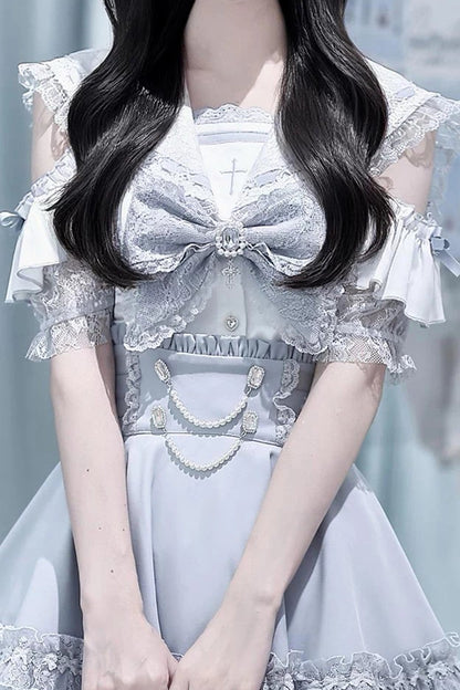 [Pre-order Deadline: August 30] Blue and White Lace Sailor Gothic Open-Shoulder Short-Sleeve Ribbon Shirt + Pearl Chain Frill Skirt