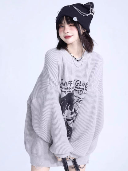 Girl Print Loose Pullover Knit Sweater