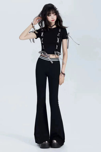 Unique bow tie crop T -shirt+skirt+pants+leg cover