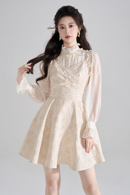 Vestido francés con cuello halter y escote en V + Camisa + Cárdigan