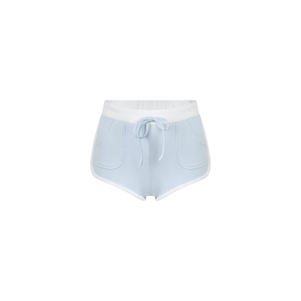 One-shoulder ice-colored top + shorts