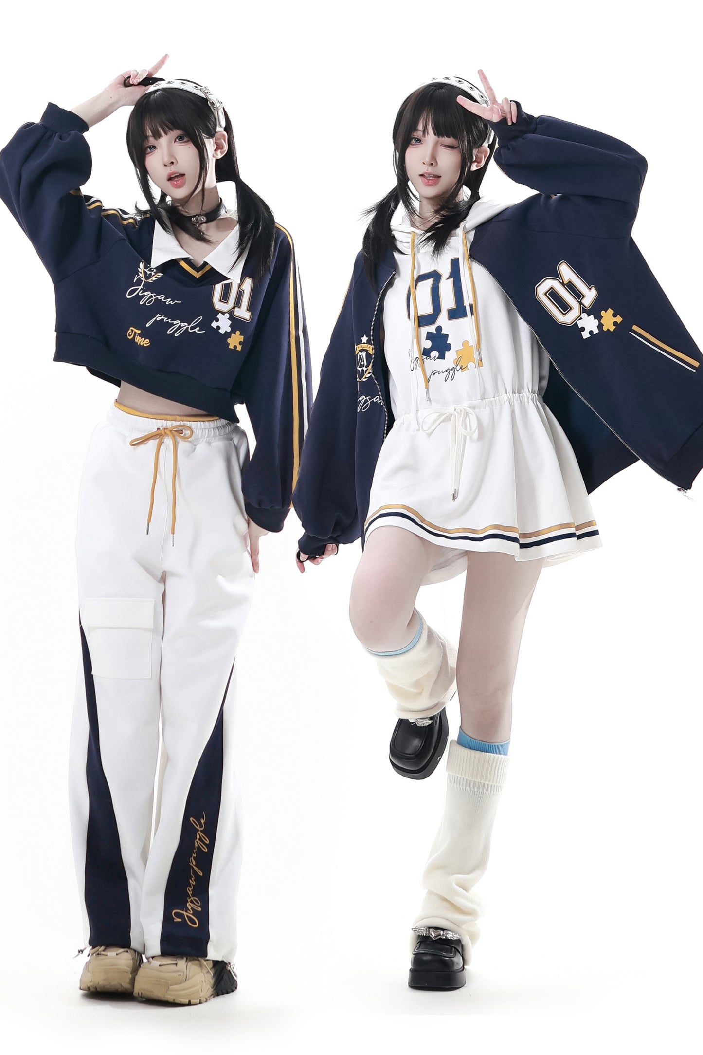 カレッジブルージャケット+フーディードレス+パンツ+スウェット