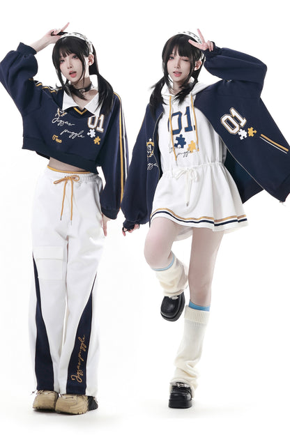 カレッジブルージャケット+フーディードレス+パンツ+スウェット