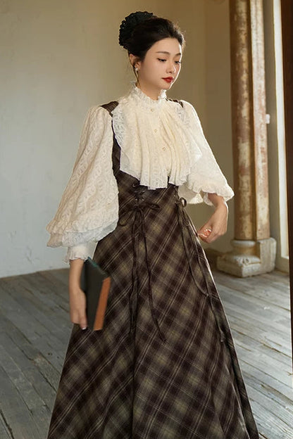 Retro Tie Waist Flare Suspender Skirt