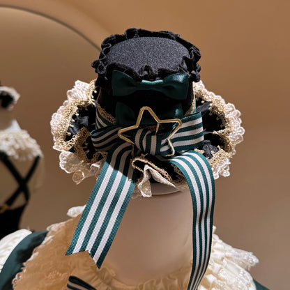[Pre-order Deadline: May 20] Magical Girl Lolita Elegant Lace Puff Sleeve Shirt + Black x Green Ribbon Corset Tiered Dress + Mini Hat