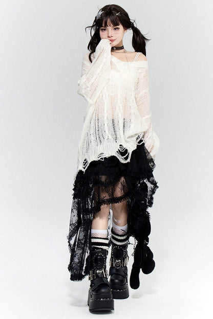 Sheer Asymmetrical Design Lace Skirt