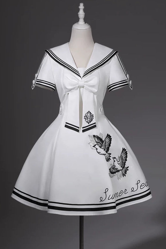 【10月1日予約締切】Blue/White Sailor Collar Bird Embroidery Lolita Bow Dress