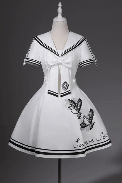 【10月1日予約締切】Blue/White Sailor Collar Bird Embroidery Lolita Bow Dress