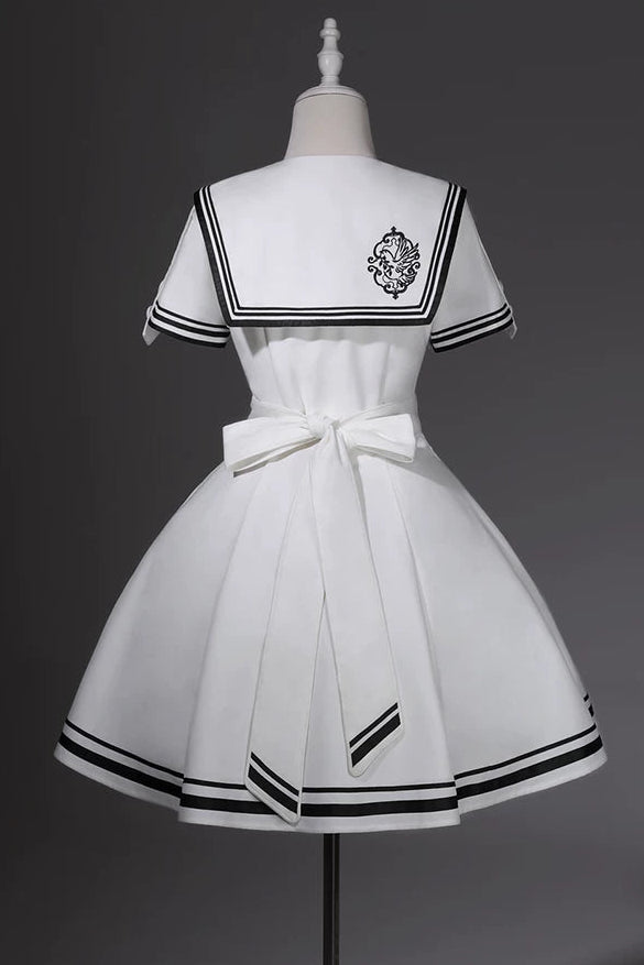 【10月1日予約締切】Blue/White Sailor Collar Bird Embroidery Lolita Bow Dress