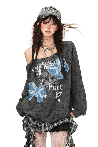 Butterfly Embroidered Slob Shoulder Top