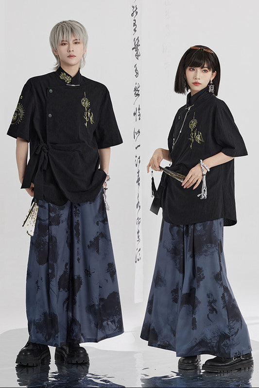 Black and Gold Oriental Ribbon Shirt + Chinese Wide-Leg Pants