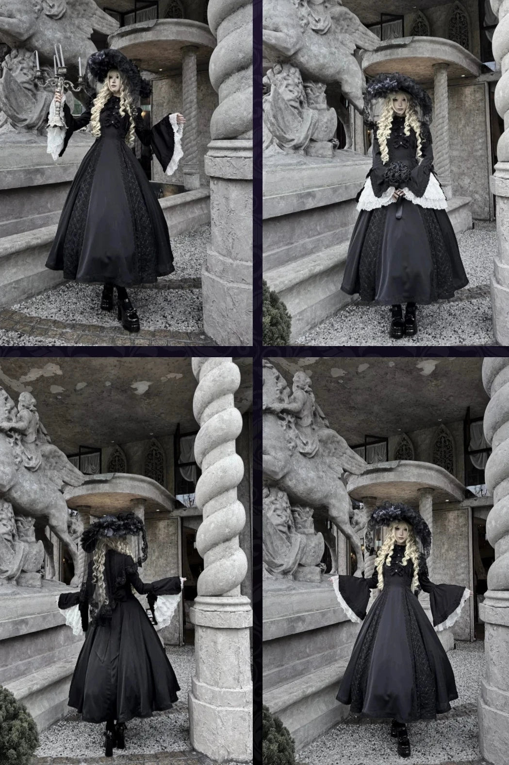 [Pre-order Deadline: November 6] Black and White Gothic Widow Lace Princess Sleeve Faux Two-Piece Long Dress