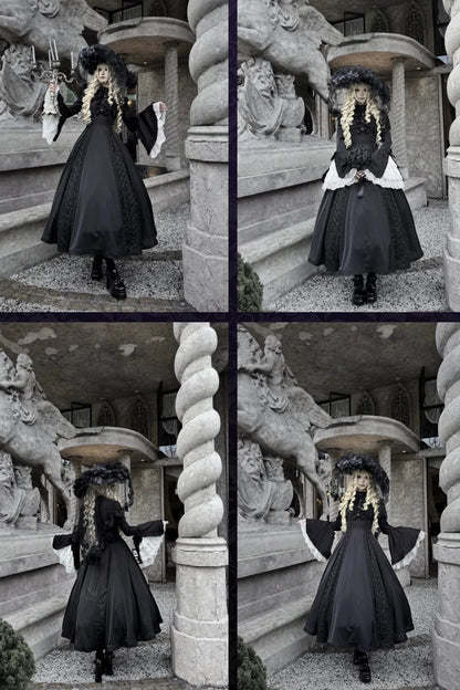 [Pre-order Deadline: November 6] Black and White Gothic Widow Lace Princess Sleeve Faux Two-Piece Long Dress