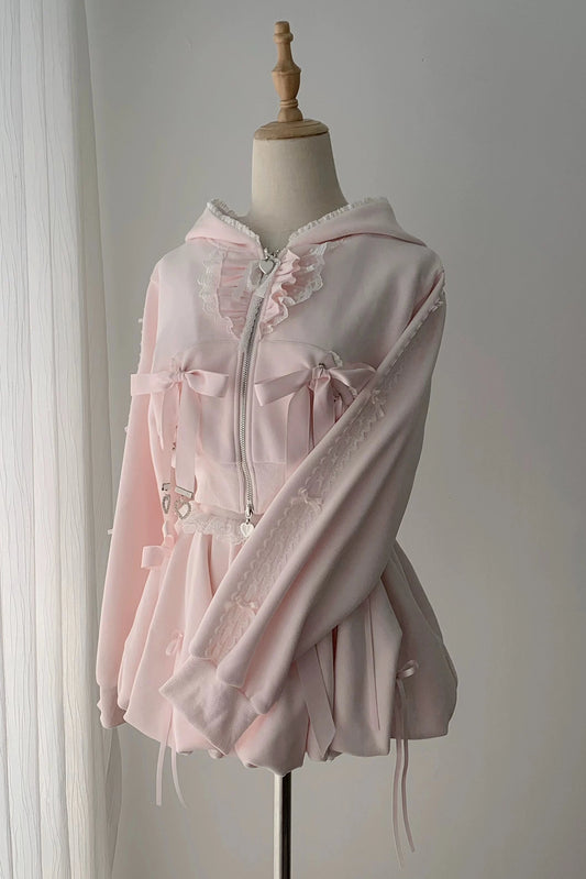 [Reservation Deadline: November 15] Pink Lace Bow Two-Way Zip Hoodie and Bubble Skirt Set with Detachable Ribbon
