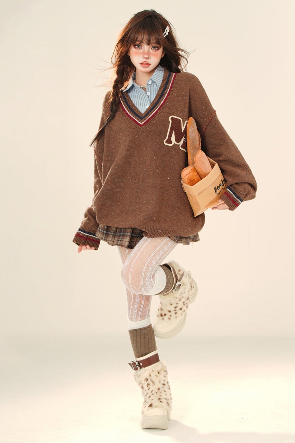 British College Neck Knit Sweater