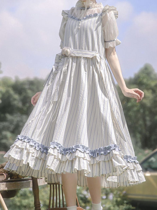 Sheer Lace Puff Sleeve Inner Shirt + Ruffled Shoulder Striped Fairy Dress + Handmade Corsage