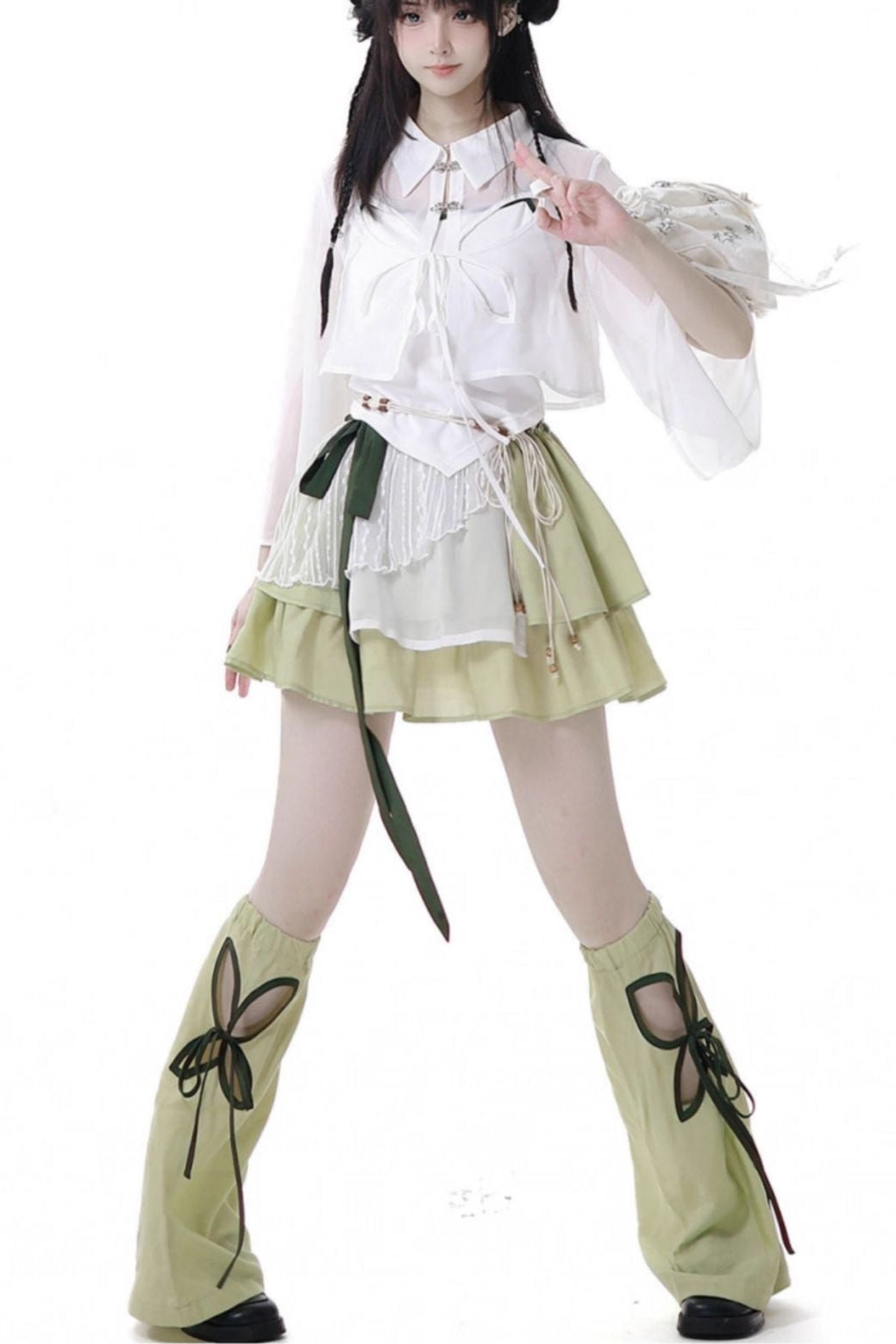 シフォンチャイナシャツ＋キャミソール＋ショートスカート＋ロングスカート＋レッグウォーマー