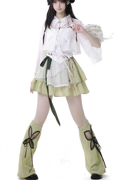 シフォンチャイナシャツ＋キャミソール＋ショートスカート＋ロングスカート＋レッグウォーマー