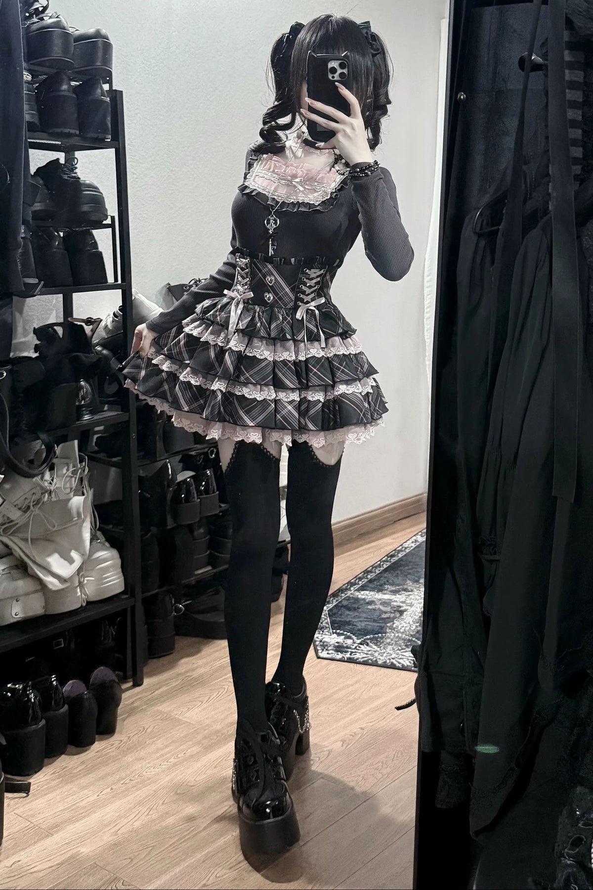 [Pre-order Deadline: October 30] Black Pink Lace Trim Square Neck Choker Design Knit Top + Lace Trim Plaid Tiered Skirt