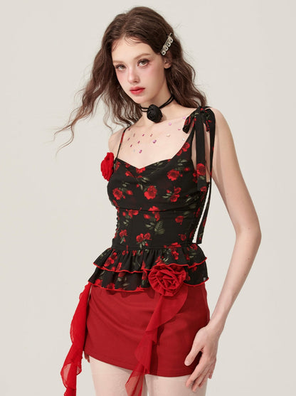 [5월31일 20시 판매] 덜 눈이 장미 타오르는 블랙 멜빵 꽃무늬 티셔츠 여성 여름에 날씬해 보인다.