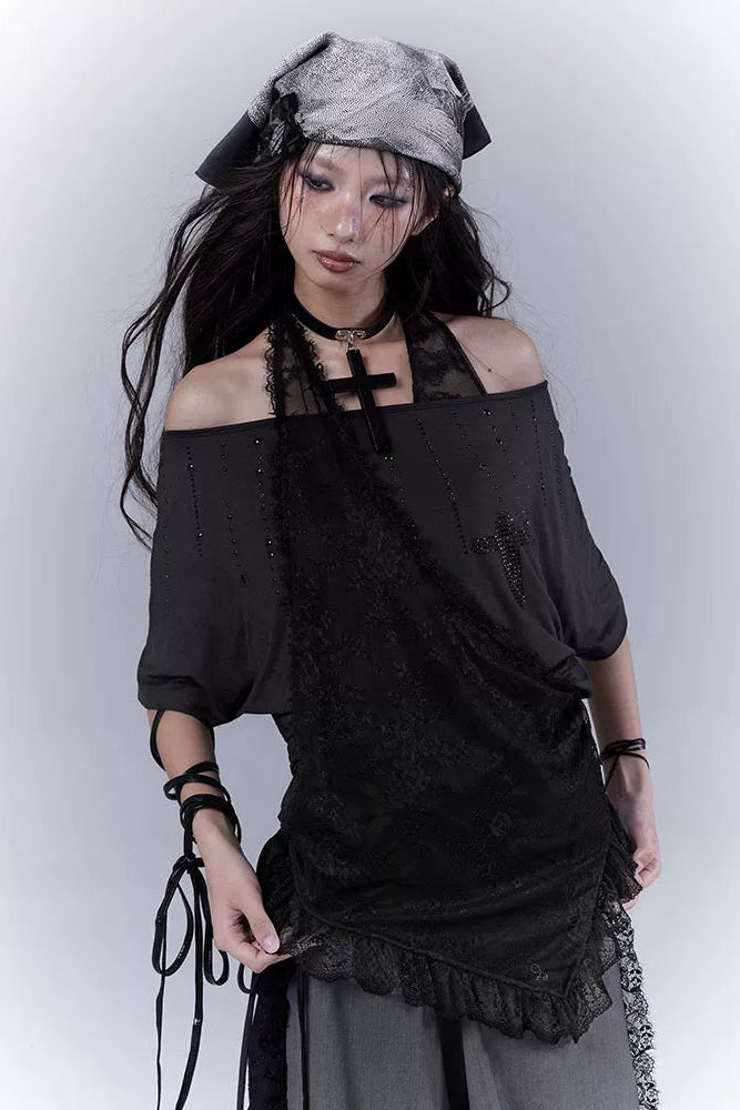 シアーオフショルレースハルタートップス