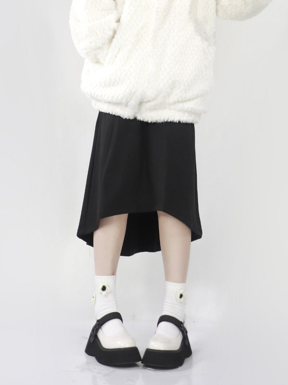 Bunny ears hoodie & sailor faux fur coat + off the shoulder sheep print top + skirt