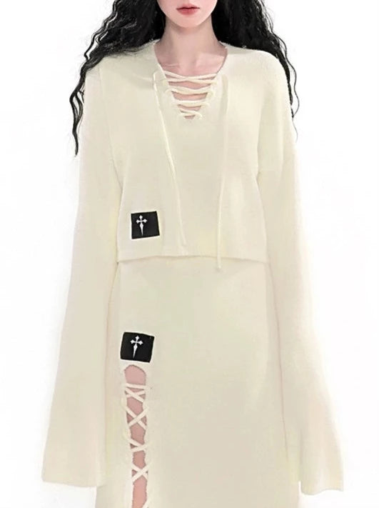 Bell Sleeve Straps Cross V-Neck Pullover Knit Sweater