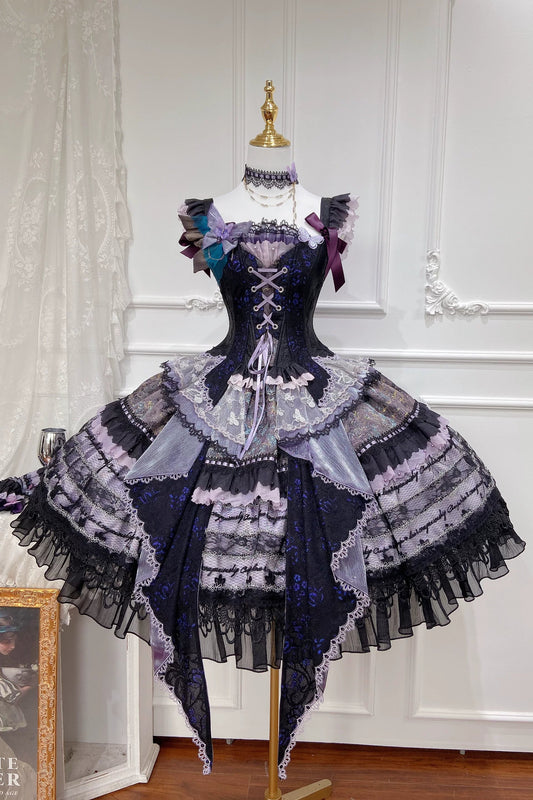 【8月29日予約締切】パープル×ブラックダークゴシックバタフライレースアップコルセットビスチェ＋レースフリルレイヤードスカート（フロントフリルトレーン付き）セットアップ＋ドレスセット1/2/3