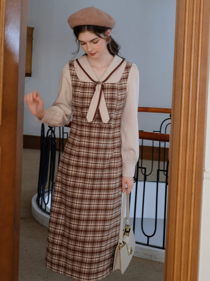 Queen Maillard French Retro Faux Retro Faux Two Piece Wool Check Dress