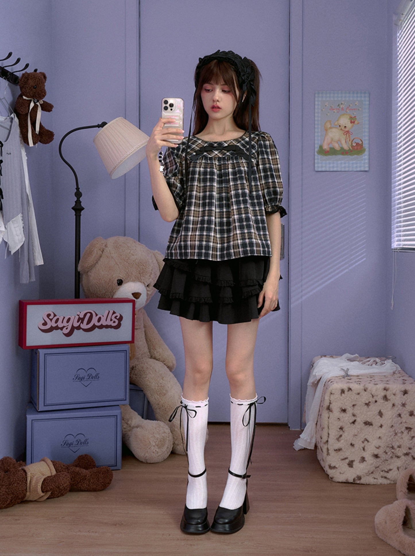 Dark Check Retro Ribbon Top