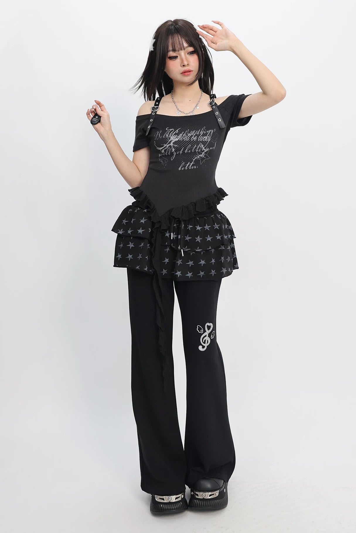 星星印花喇叭形运动裤